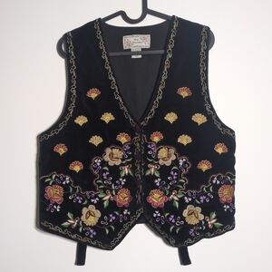 New Directions Womens Medium Vest Black Velvet Cotton Floral Gold Embroidered